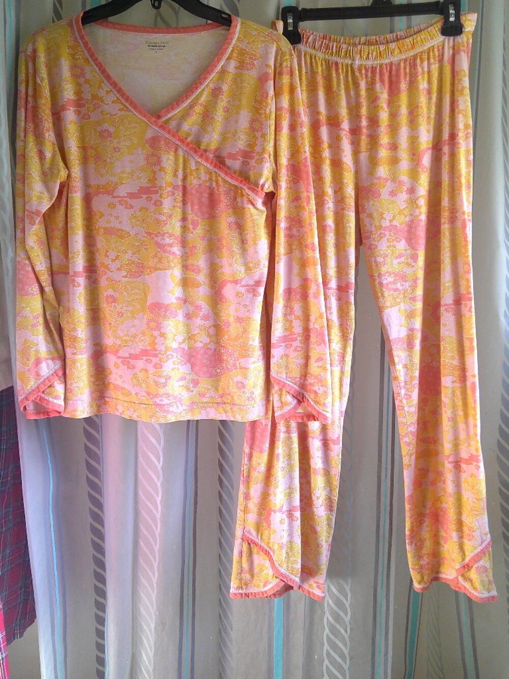 "Garnet Hill" Green Cotton Asian Inspired Wrap Style PAJAMAS Woman Sz S